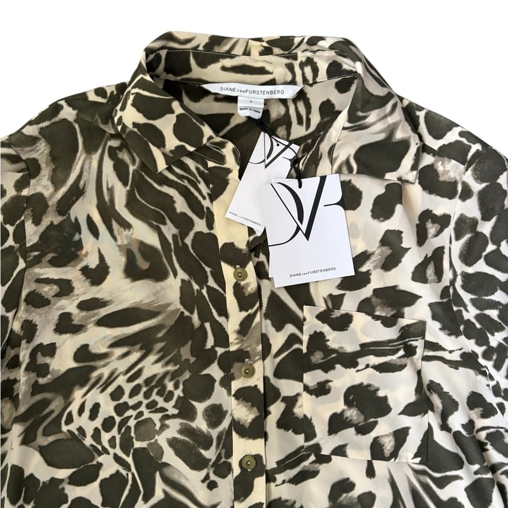 Diane von Furstenberg Prita Animal Print Silk Shirt Dress Green NWT Sz 2 - Picture 6 of 12